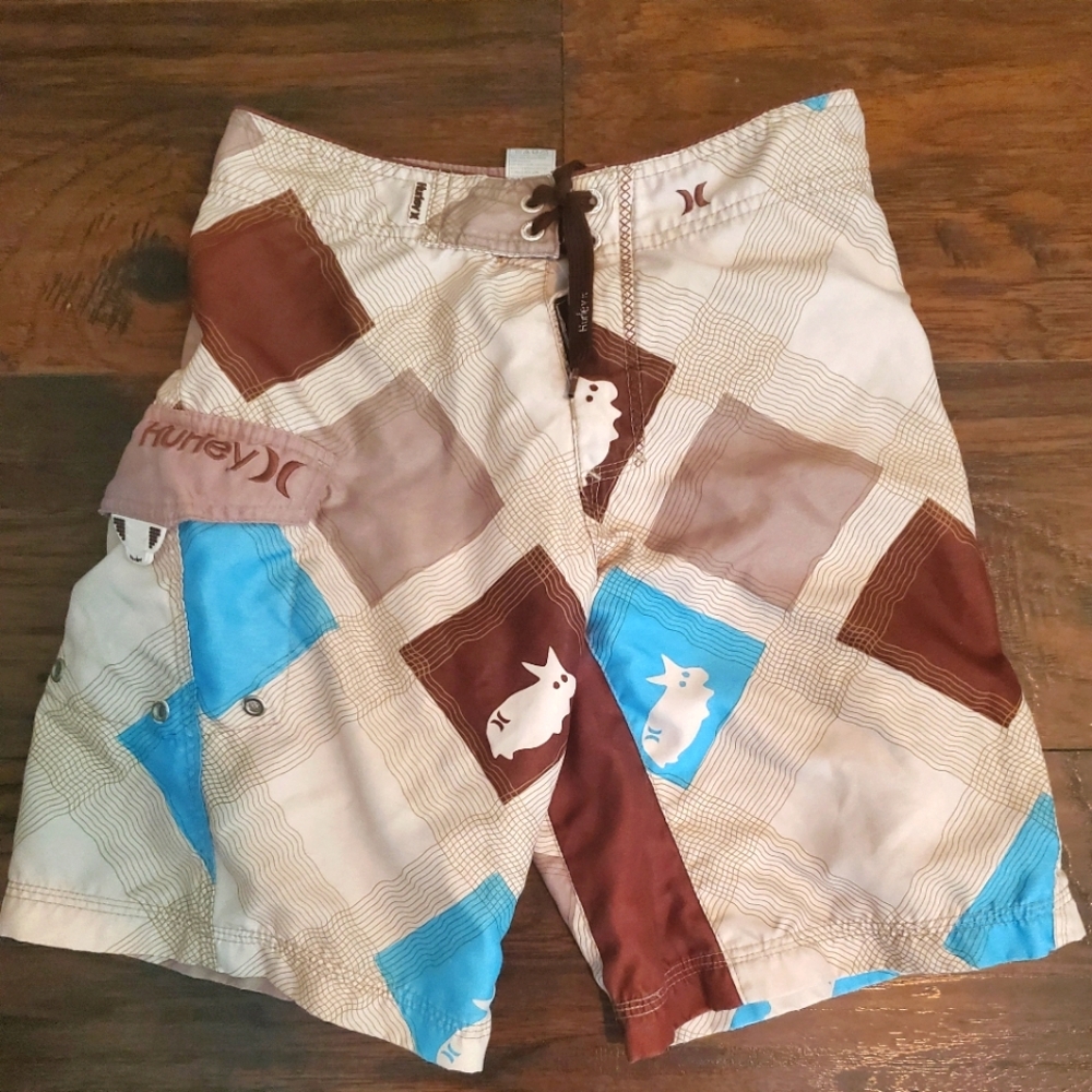 Hurley swim trunks with liner size 10 swimming shorts surf animal brown tan blue